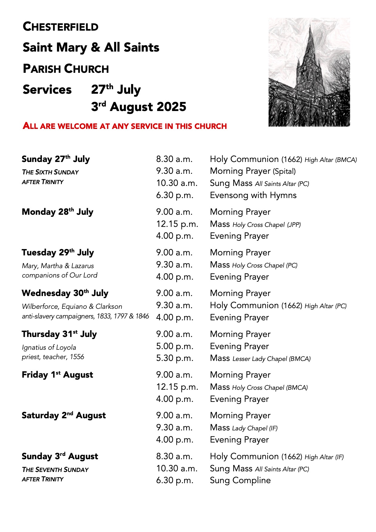 27th July 2025 Services for Palm Sunday and Lent Week 6