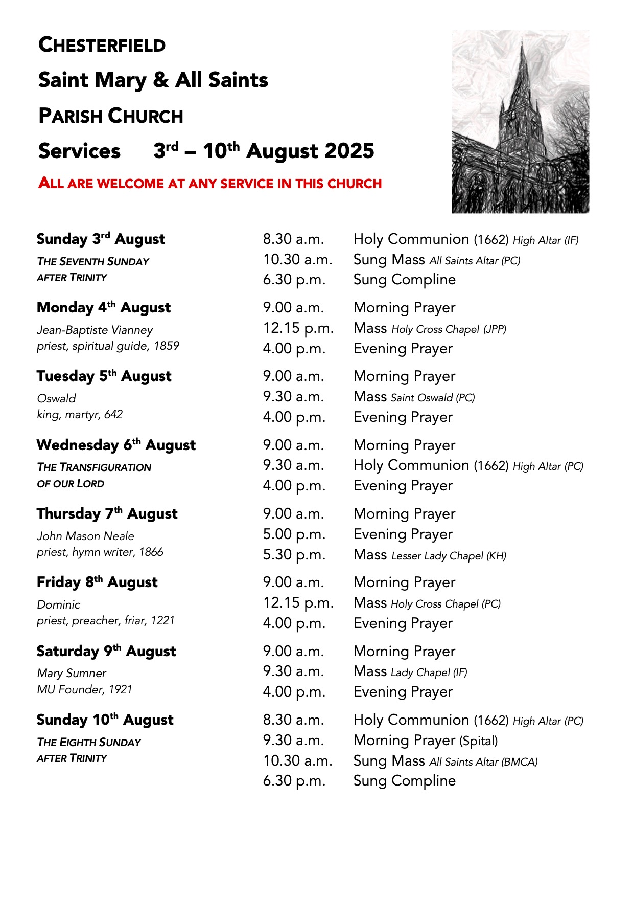 3rd August 2025 Services for Palm Sunday and Lent Week 6