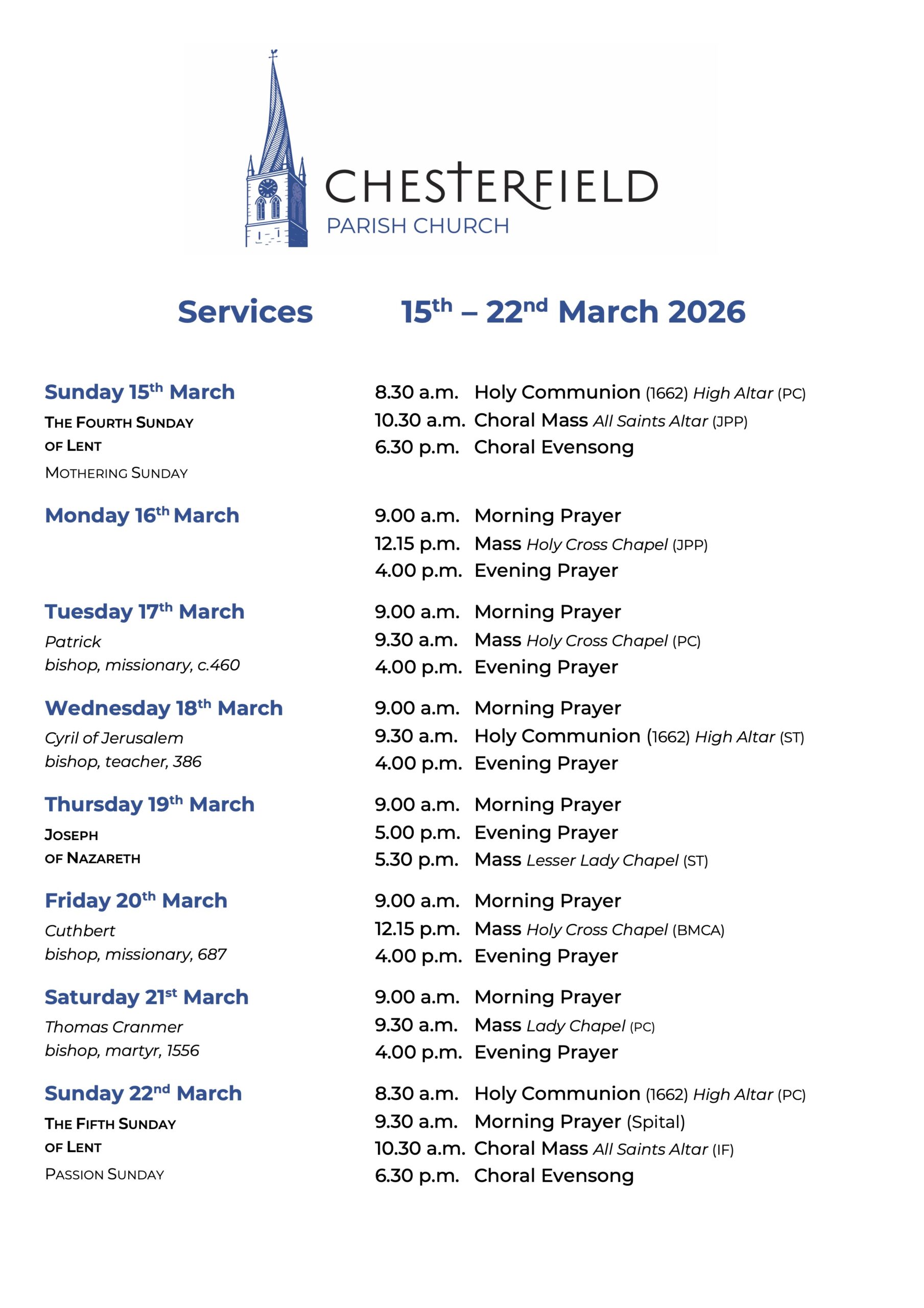 Services for Palm Sunday and Lent Week 6