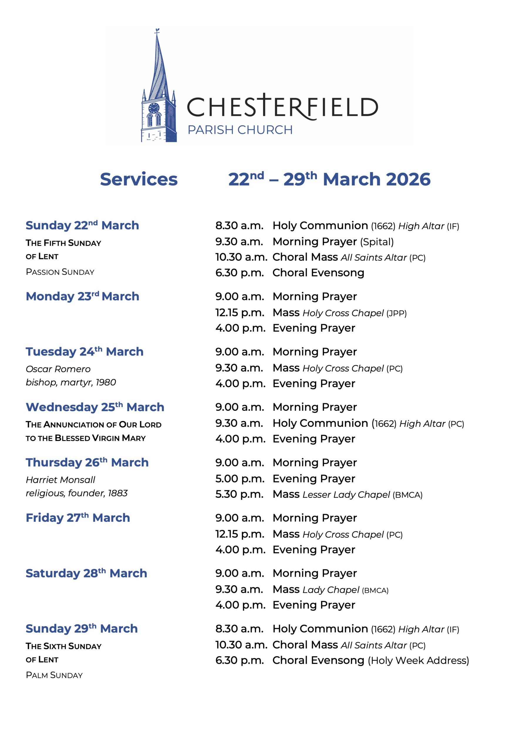 Services for Palm Sunday and Lent Week 6