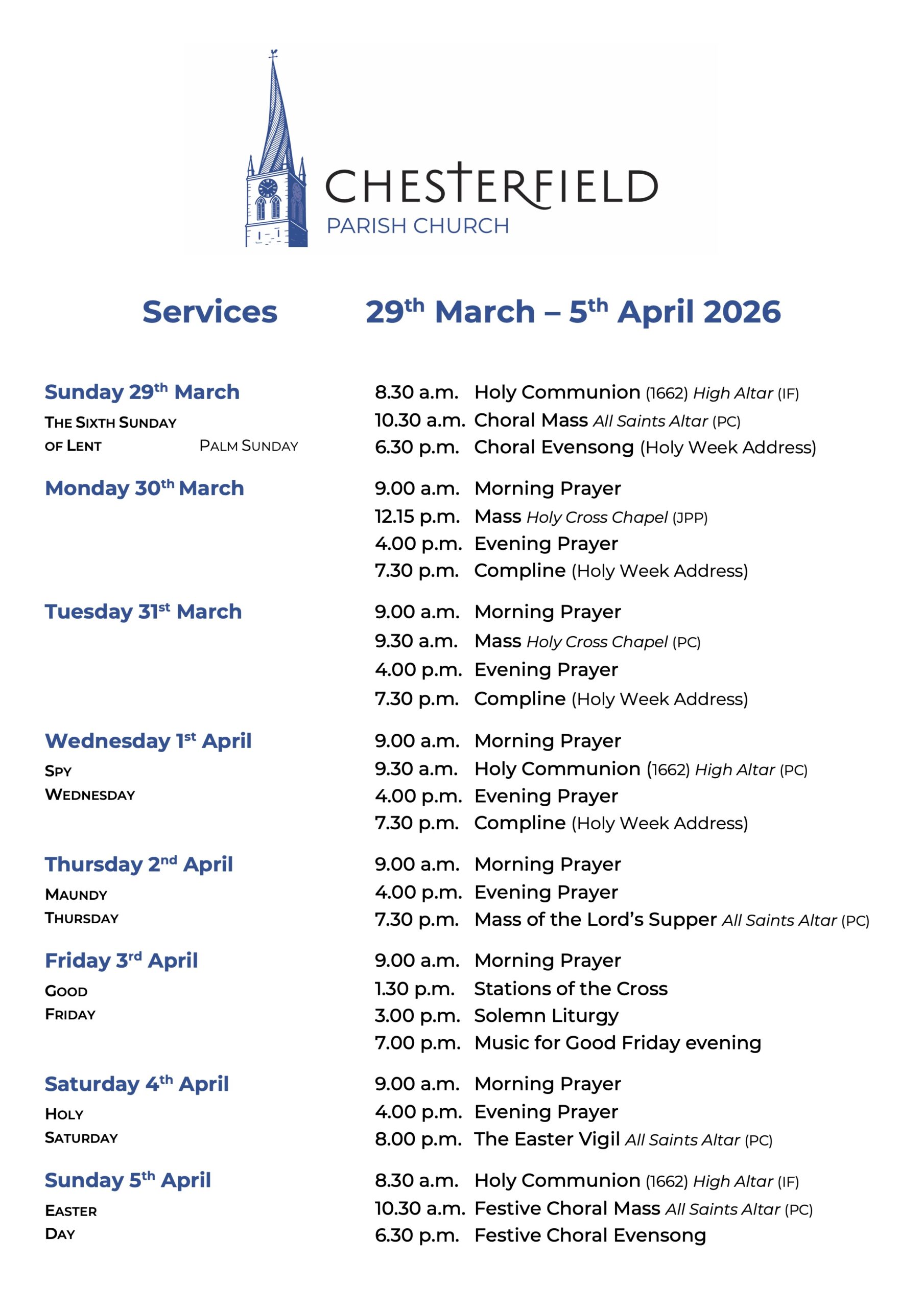 Services for Palm Sunday and Lent Week 6